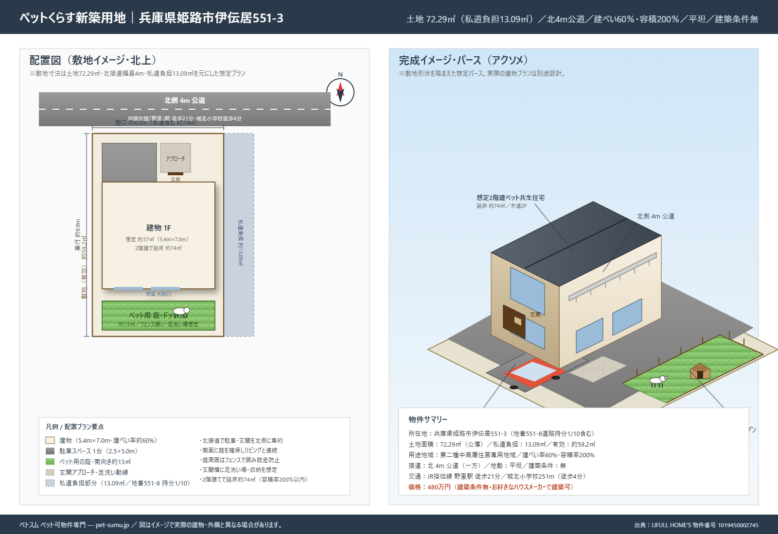 伊伝居 売土地 ペット可 新築用地 駐車1台+庭付き 配置プラン